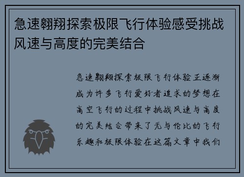 急速翱翔探索极限飞行体验感受挑战风速与高度的完美结合