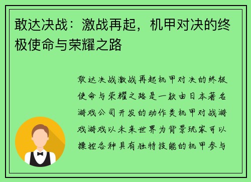 敢达决战：激战再起，机甲对决的终极使命与荣耀之路