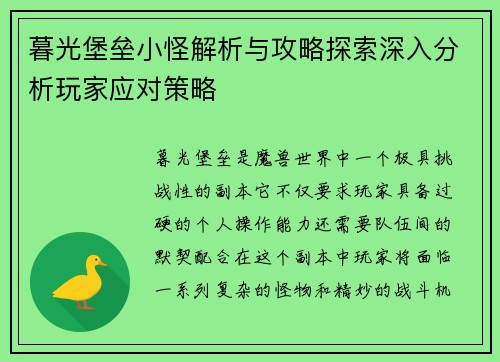 暮光堡垒小怪解析与攻略探索深入分析玩家应对策略